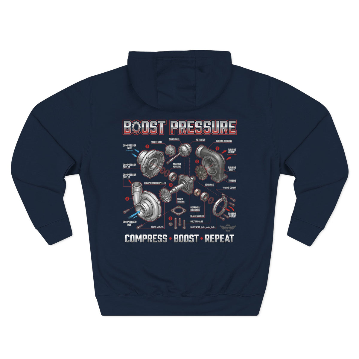 Boost Pressure Turbo Diagram Hoodie — JDM Fleece Pullover | MPM Tuning Design