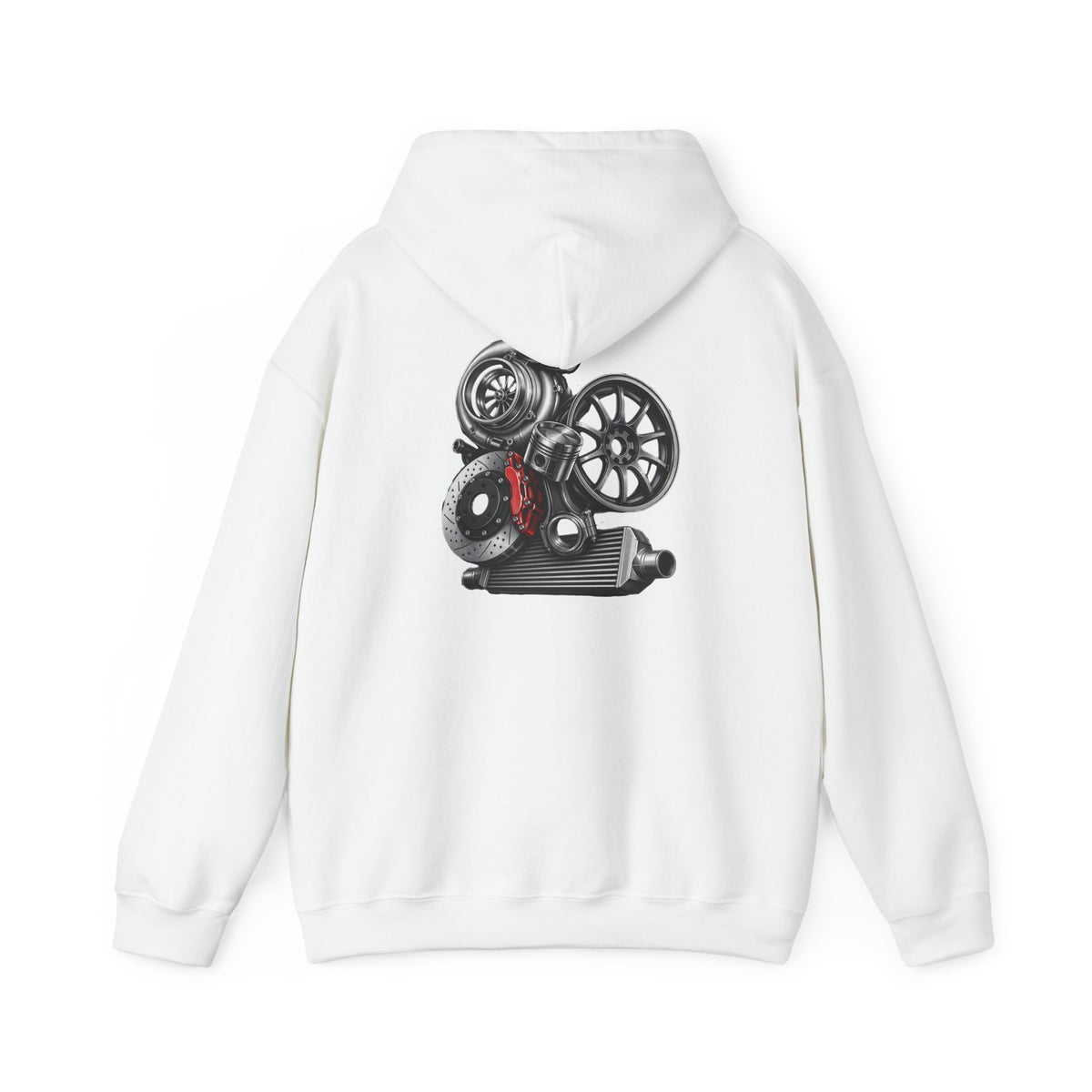 Car Parts Hoodie — Stacked Wheels & Engine Graphic Sweatshirt | MPM Tuning Design