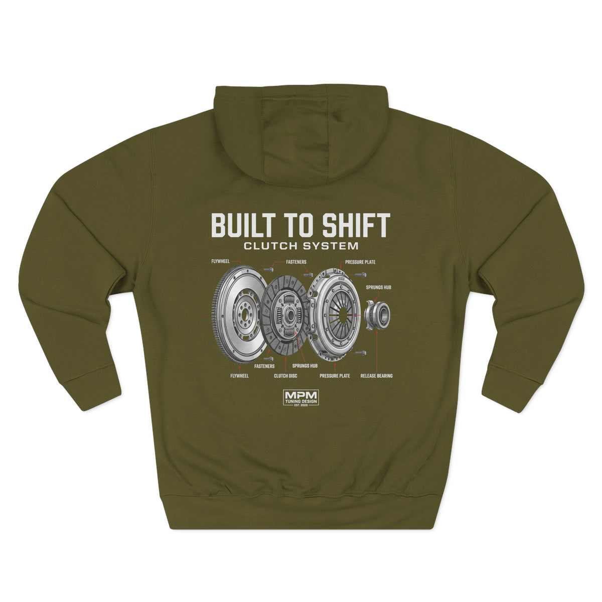 Built to Shift Hoodie — Clutch & Flywheel Mechanic Graphic | MPM Tuning Design