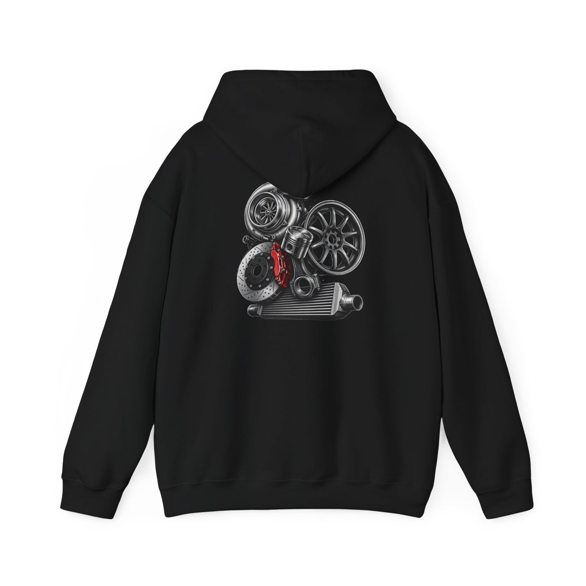 Car Parts Hoodie — Stacked Wheels &amp; Engine Graphic Sweatshirt | MPM Tuning Design