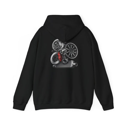 Car Parts Hoodie — Stacked Wheels &amp; Engine Graphic Sweatshirt | MPM Tuning Design