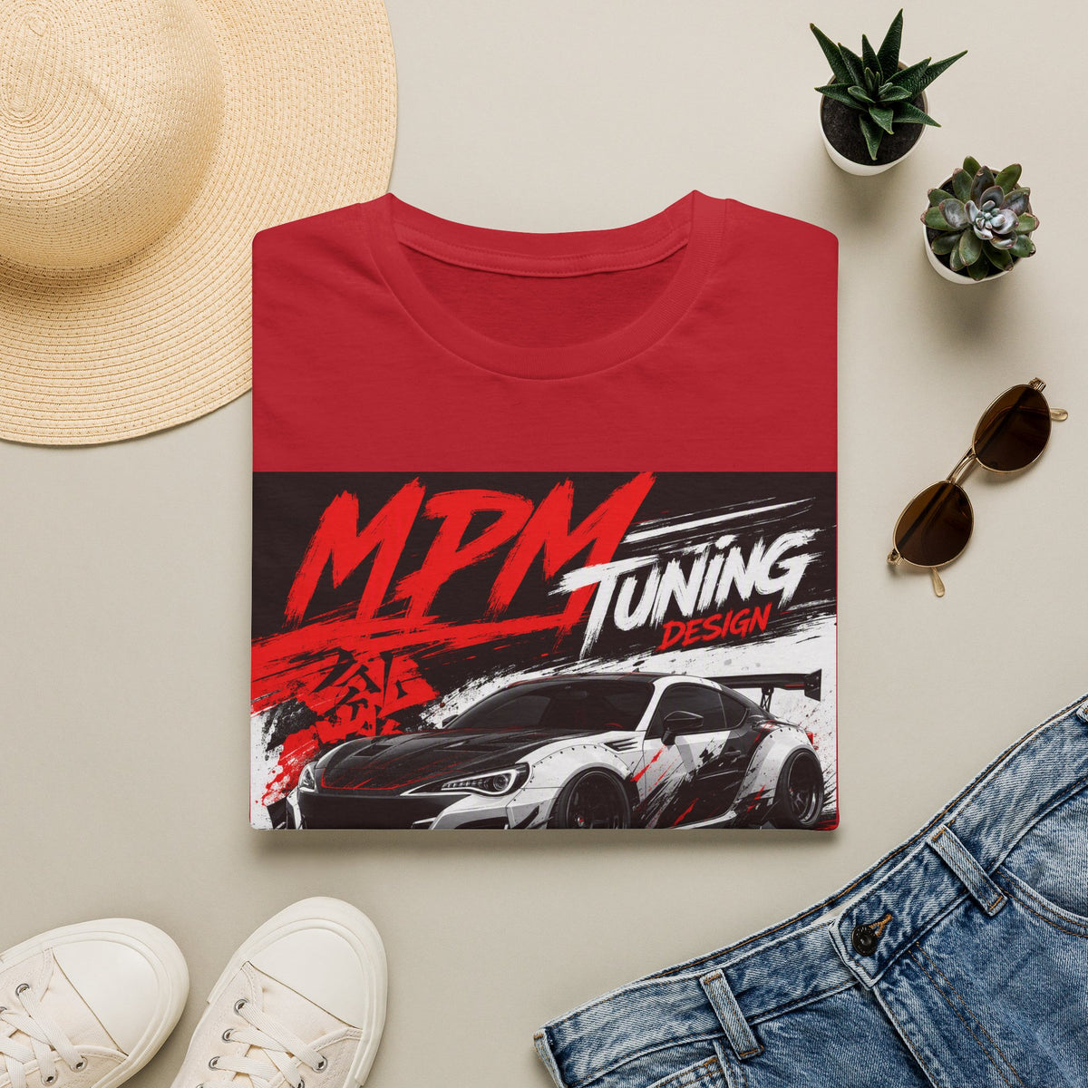 MPM JDM Racing Car Graphic T-Shirt — Red Brushstroke Automotive Tee | MPM Tuning Design