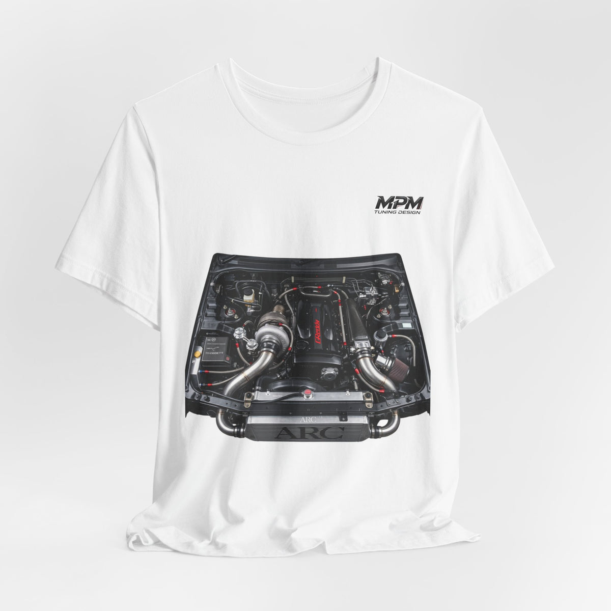 Engine Bay Graphic Tee — Twin-Turbo Motor Illustration T-Shirt | MPM Tuning Design