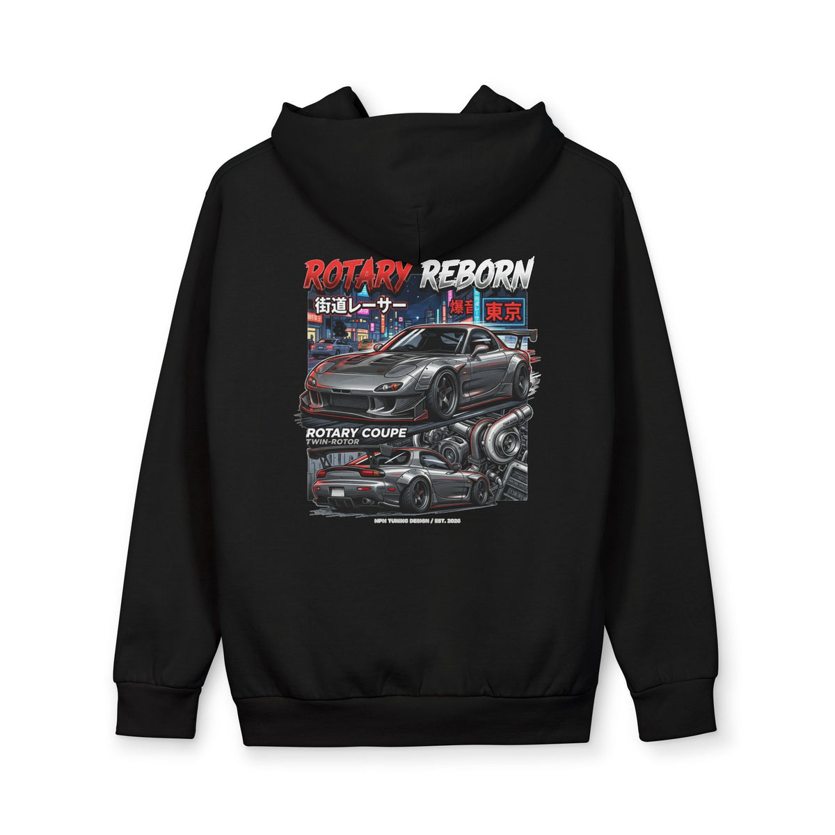 Street Racing Hoodie — Rotary Coupe Japanese Nightscape Graphic | MPM Tuning Design