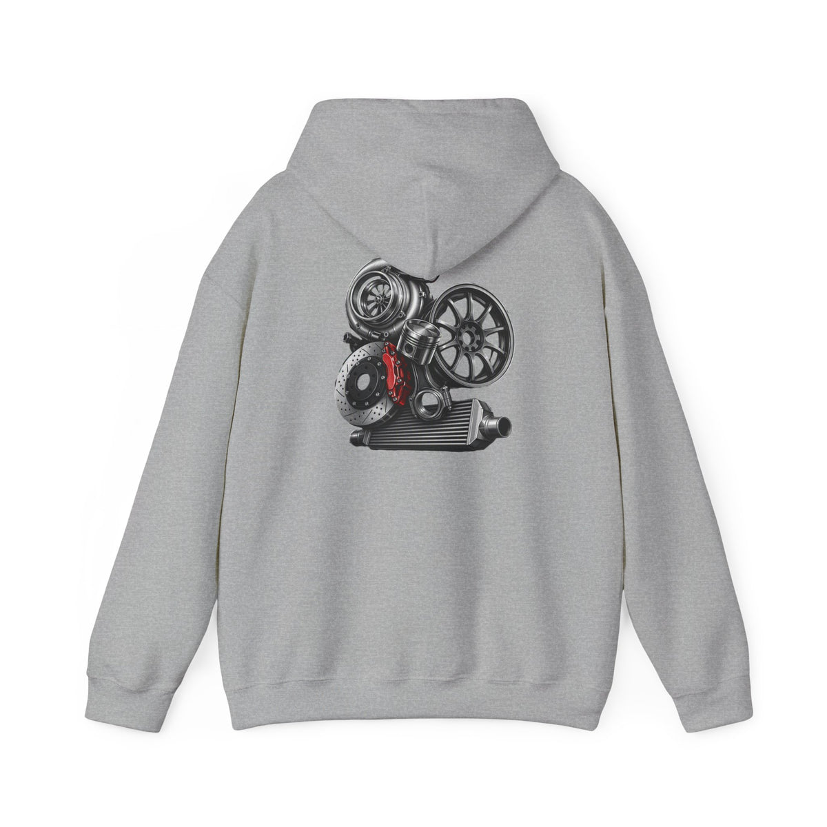 Car Parts Hoodie — Stacked Wheels &amp; Engine Graphic Sweatshirt | MPM Tuning Design