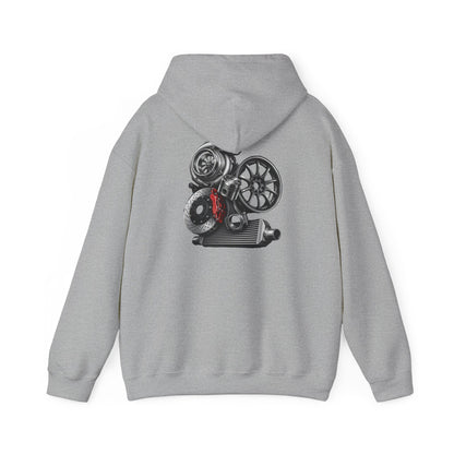 Car Parts Hoodie — Stacked Wheels &amp; Engine Graphic Sweatshirt | MPM Tuning Design