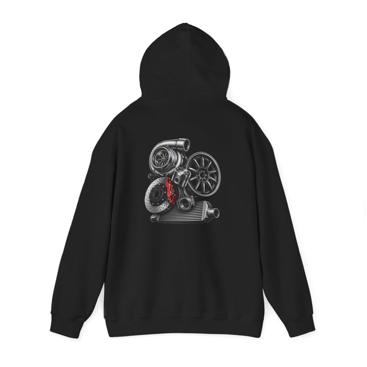 Car Parts Hoodie — Stacked Wheels &amp; Engine Graphic Sweatshirt | MPM Tuning Design