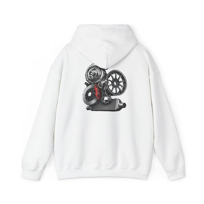 Car Parts Hoodie — Stacked Wheels &amp; Engine Graphic Sweatshirt | MPM Tuning Design