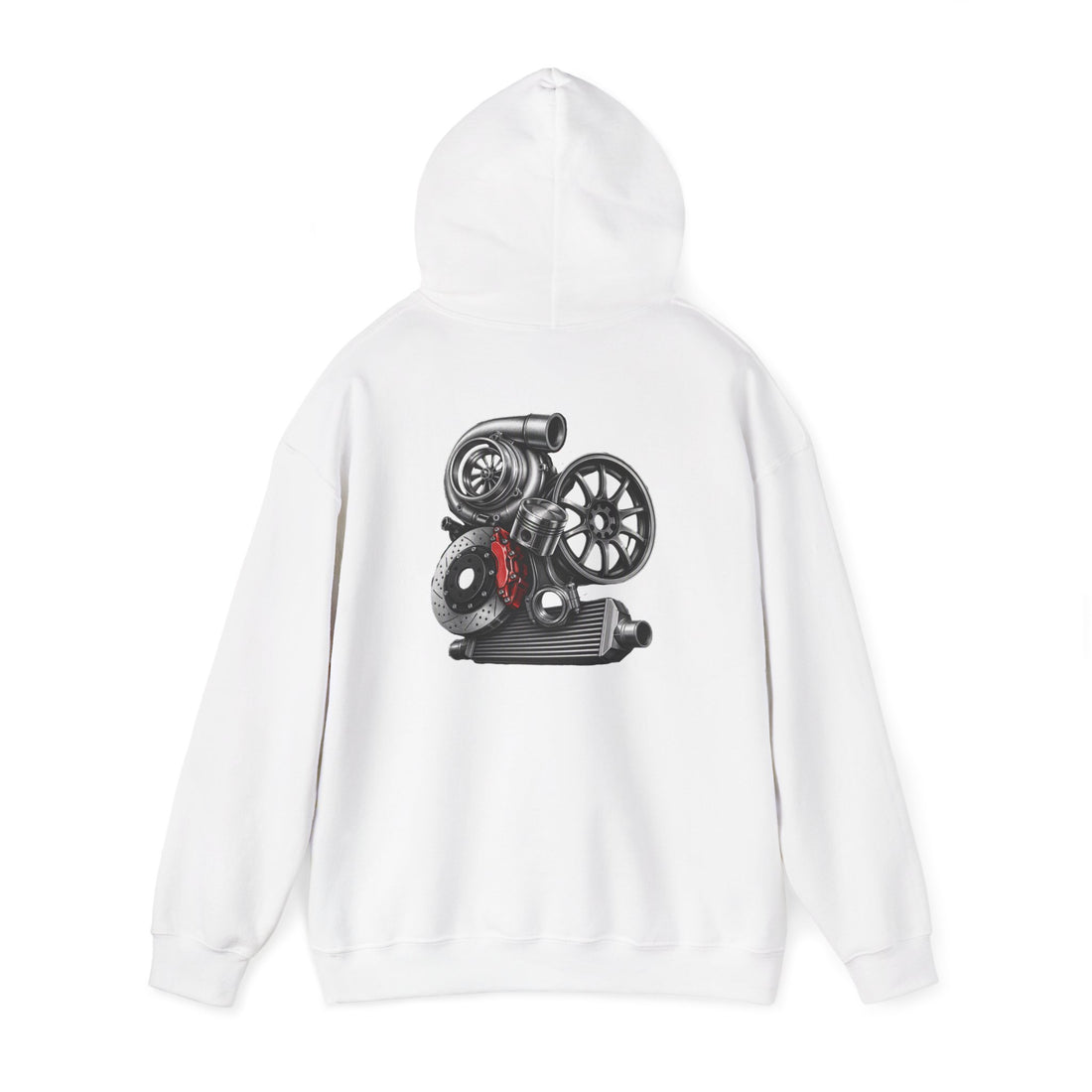 Car Parts Hoodie — Stacked Wheels &amp; Engine Graphic Sweatshirt | MPM Tuning Design