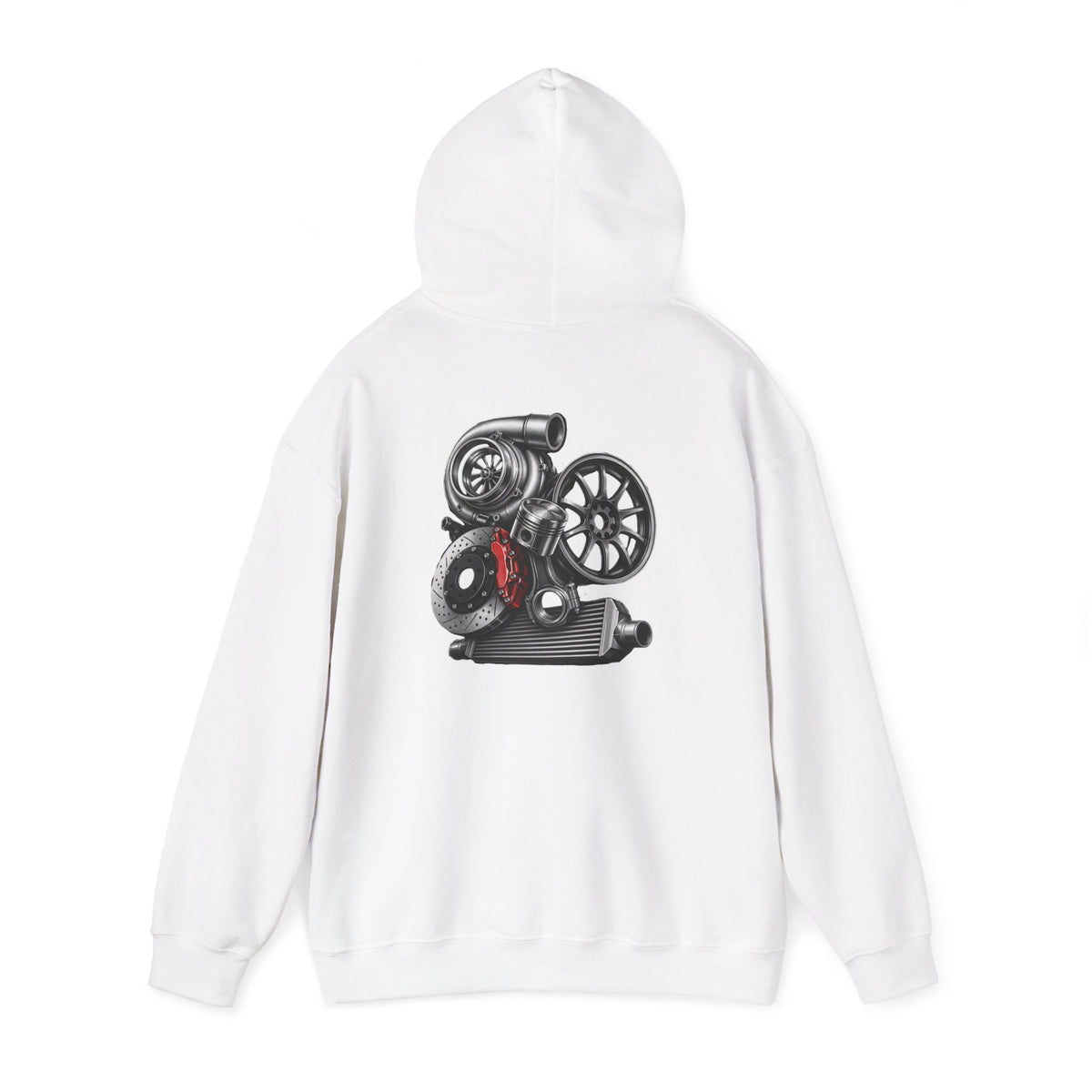 Car Parts Hoodie — Stacked Wheels &amp; Engine Graphic Sweatshirt | MPM Tuning Design