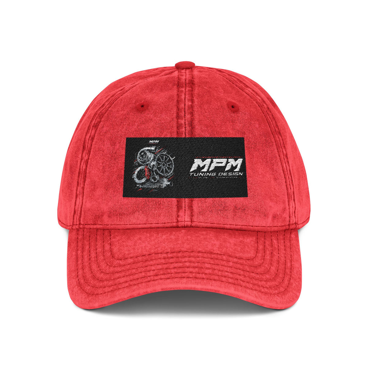 Vintage Embroidered Cap — Distressed Red Dad Hat with MPM Logo | MPM Tuning Design