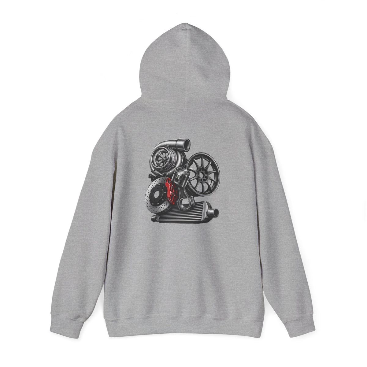 Car Parts Hoodie — Stacked Wheels &amp; Engine Graphic Sweatshirt | MPM Tuning Design