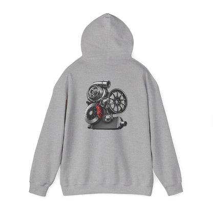 Car Parts Hoodie — Stacked Wheels &amp; Engine Graphic Sweatshirt | MPM Tuning Design
